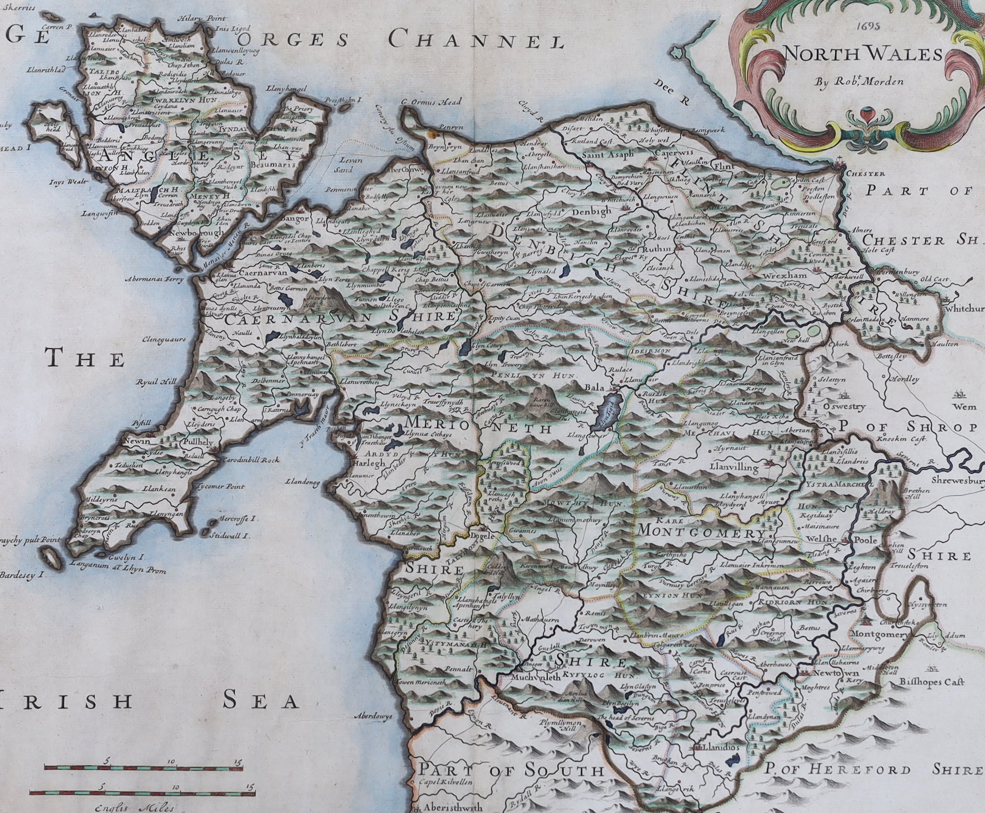 Robert Morden (1650-1703), 18th century hand coloured Map of North Wales, 36 x 44cm
